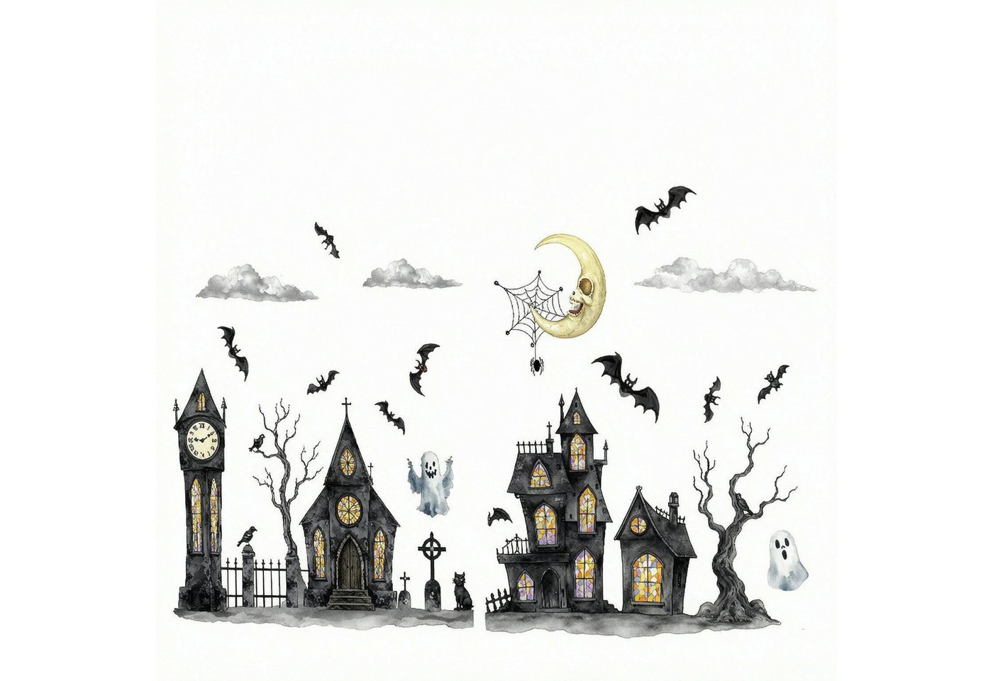 Sorvyzxn Fensterbild 2 Stück Halloween Town mit Geisterhäusern & Geistermond Muster Bild 5