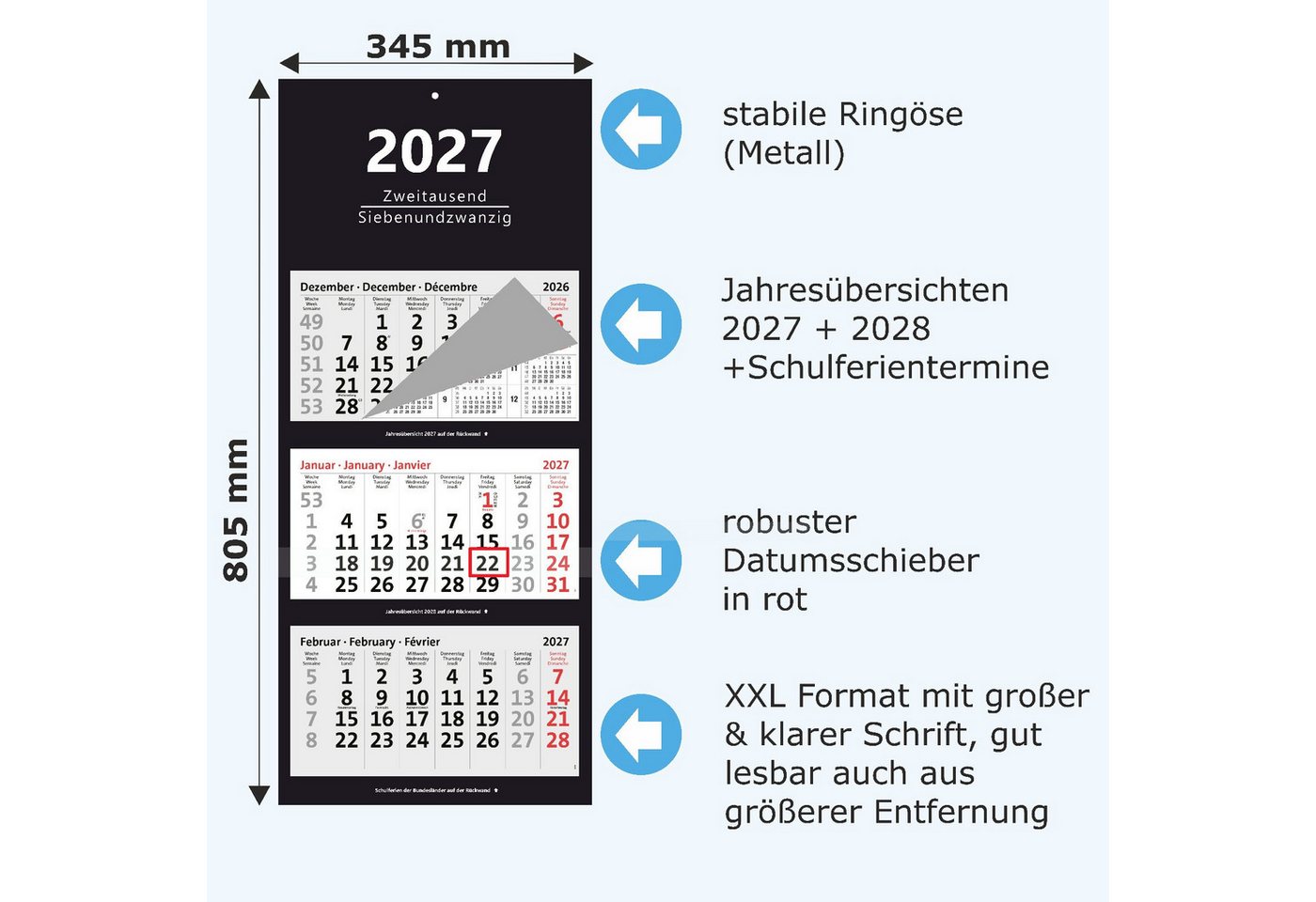 Anschütz Wandkalender XXL 3-Monatskalender 2027 Bild 5