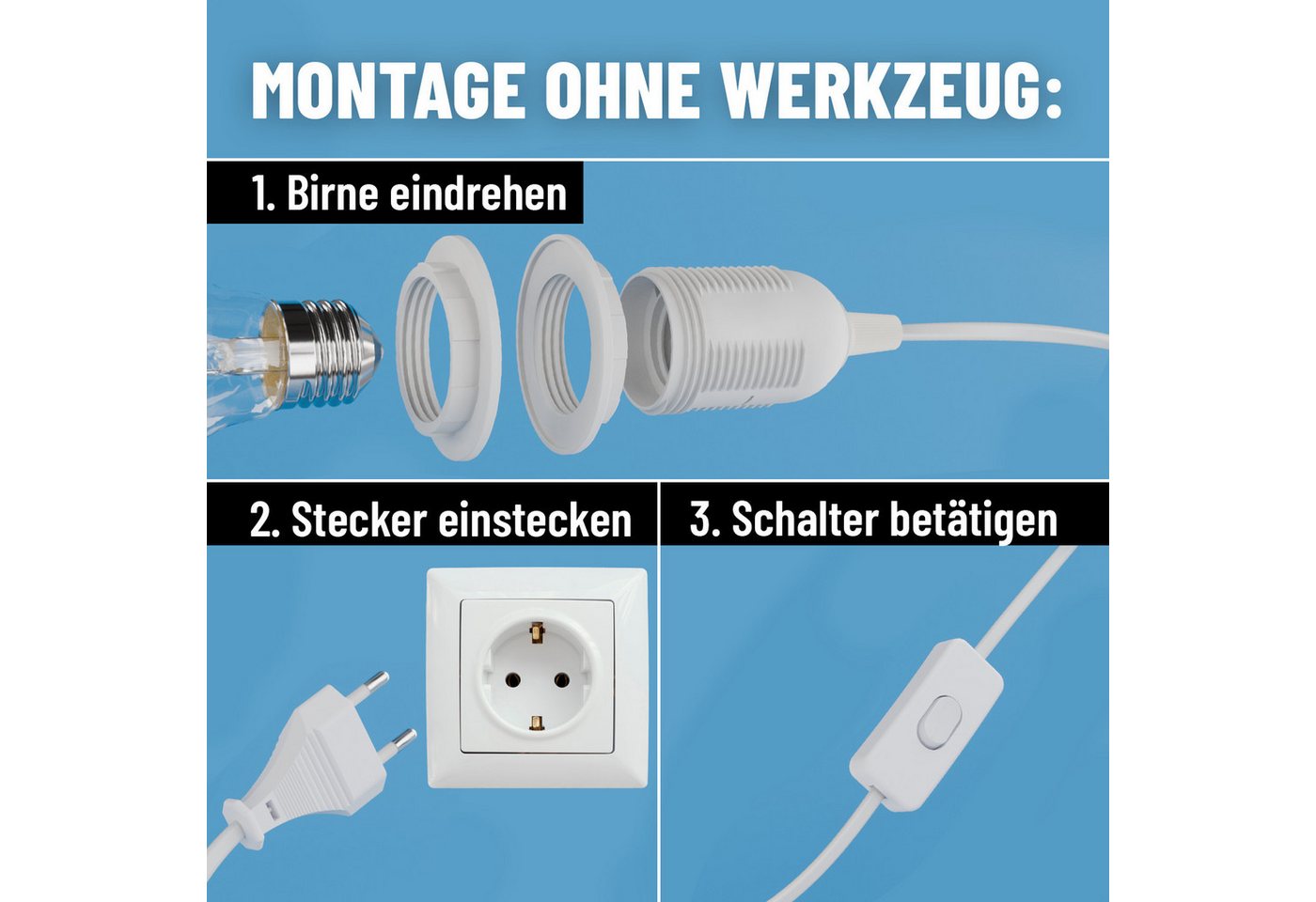 greate. Lampenfassung 2x Lampenfassung E27, mit Stecker Kabel & Schalter, 5 m, max. 60W 250V, (2-St) Bild 4