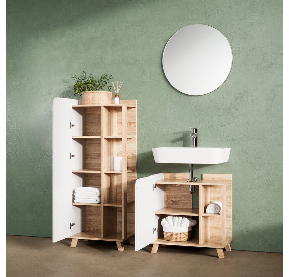 Livinity® Badspiegel Marano, Sonoma/Weiß/Weiß, 60 x 60 cm Rund (1-St)