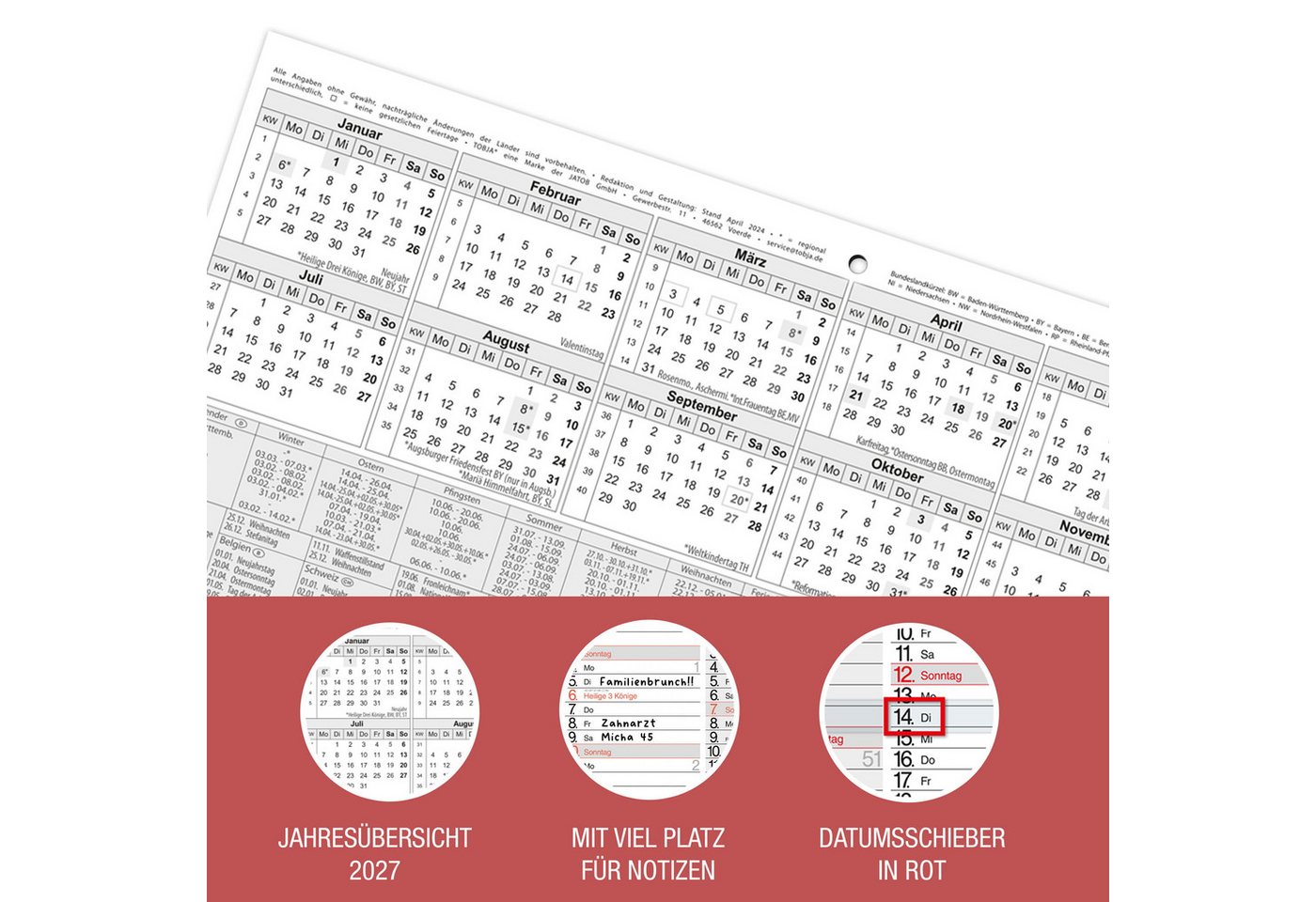 TOBJA Wandkalender 3 Monatskalender 2027 Nebeneinander mit Notizen 30x59 cm FSC, Nebeneinander, Notizplatz pro Tag, Datumsschieber, 4-sprachig, FSC