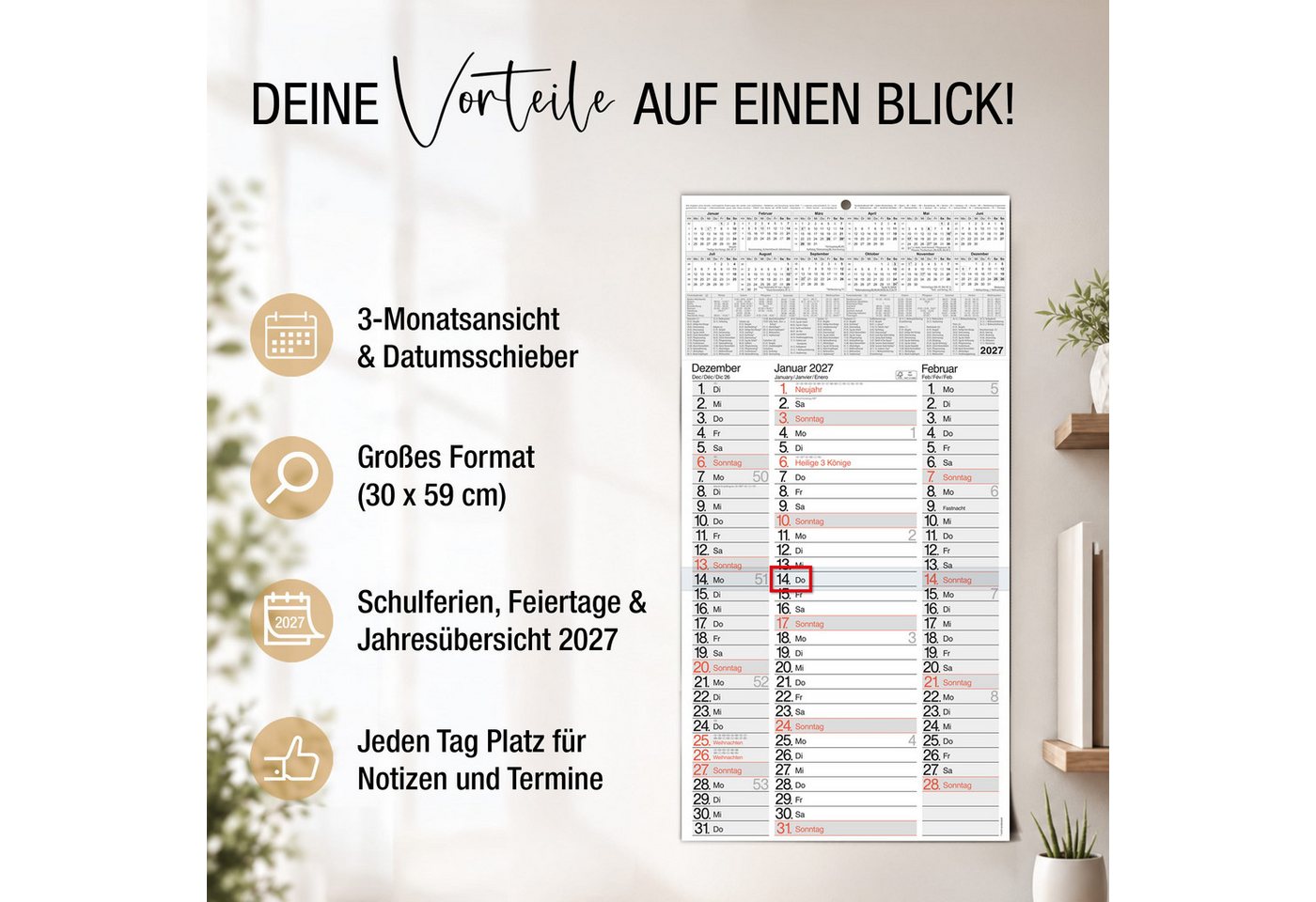 TOBJA Wandkalender 3 Monatskalender 2027 Nebeneinander mit Notizen 30x59 cm FSC, Nebeneinander, Notizplatz pro Tag, Datumsschieber, 4-sprachig, FSC Bild 2