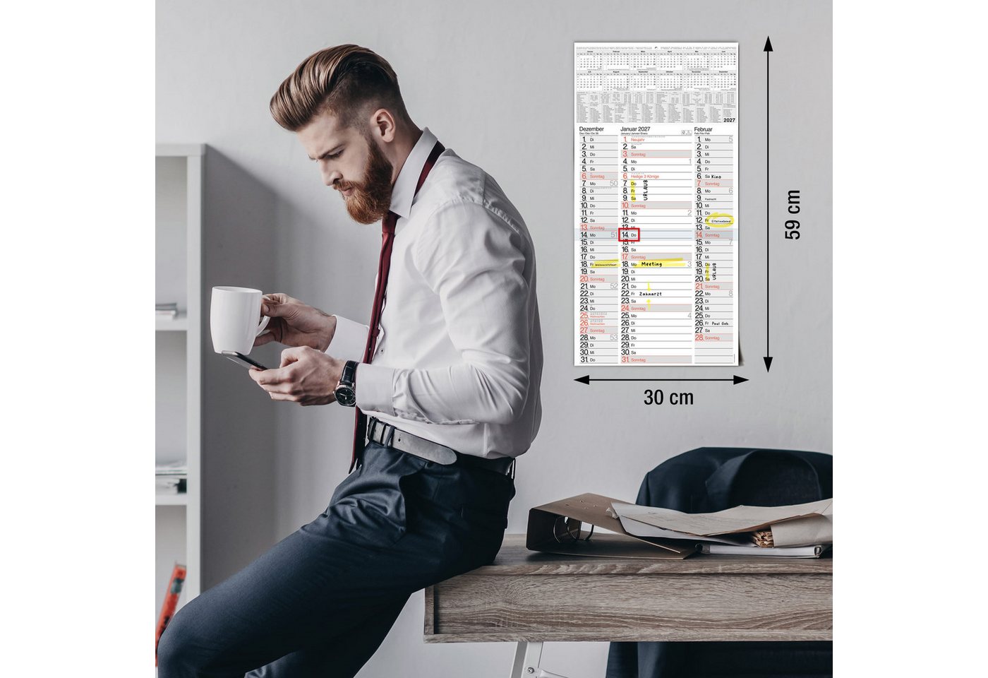 TOBJA Wandkalender 3 Monatskalender 2027 Nebeneinander mit Notizen 30x59 cm FSC, Nebeneinander, Notizplatz pro Tag, Datumsschieber, 4-sprachig, FSC Bild 3