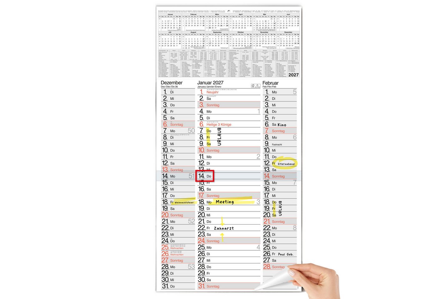 TOBJA Wandkalender 3 Monatskalender 2027 Nebeneinander mit Notizen 30x59 cm FSC, Nebeneinander, Notizplatz pro Tag, Datumsschieber, 4-sprachig, FSC Bild 4