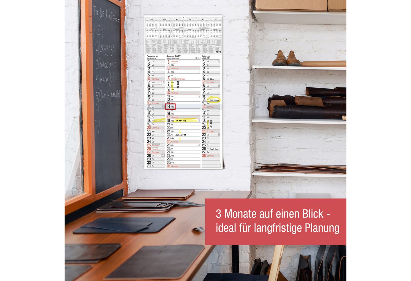 TOBJA Wandkalender 3 Monatskalender 2027 Nebeneinander mit Notizen 30x59 cm FSC, Nebeneinander, Notizplatz pro Tag, Datumsschieber, 4-sprachig, FSC Bild 5