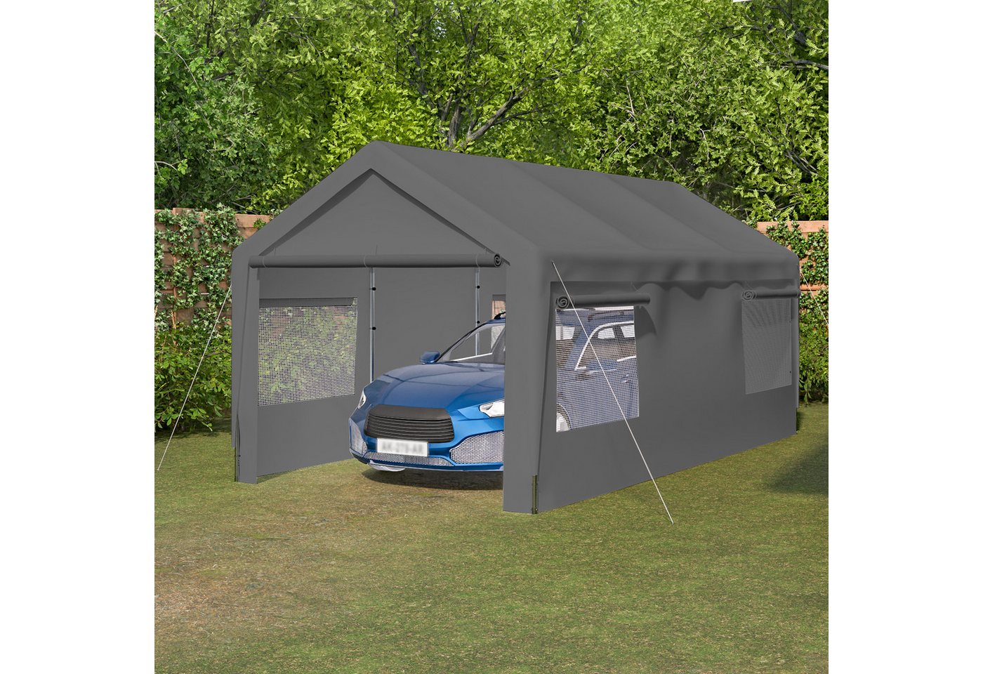 muvano Einzelcarport Carport für Auto & Boot – Schwerlast-Garage mit verzinktem Stahlrahmen, BxT: 310.9x592.84 cm, 196 cm Einfahrtshöhe, 10'×20' wasserdichte & UV-beständige PE-Plane, ganzjähriger Schutz Bild 3
