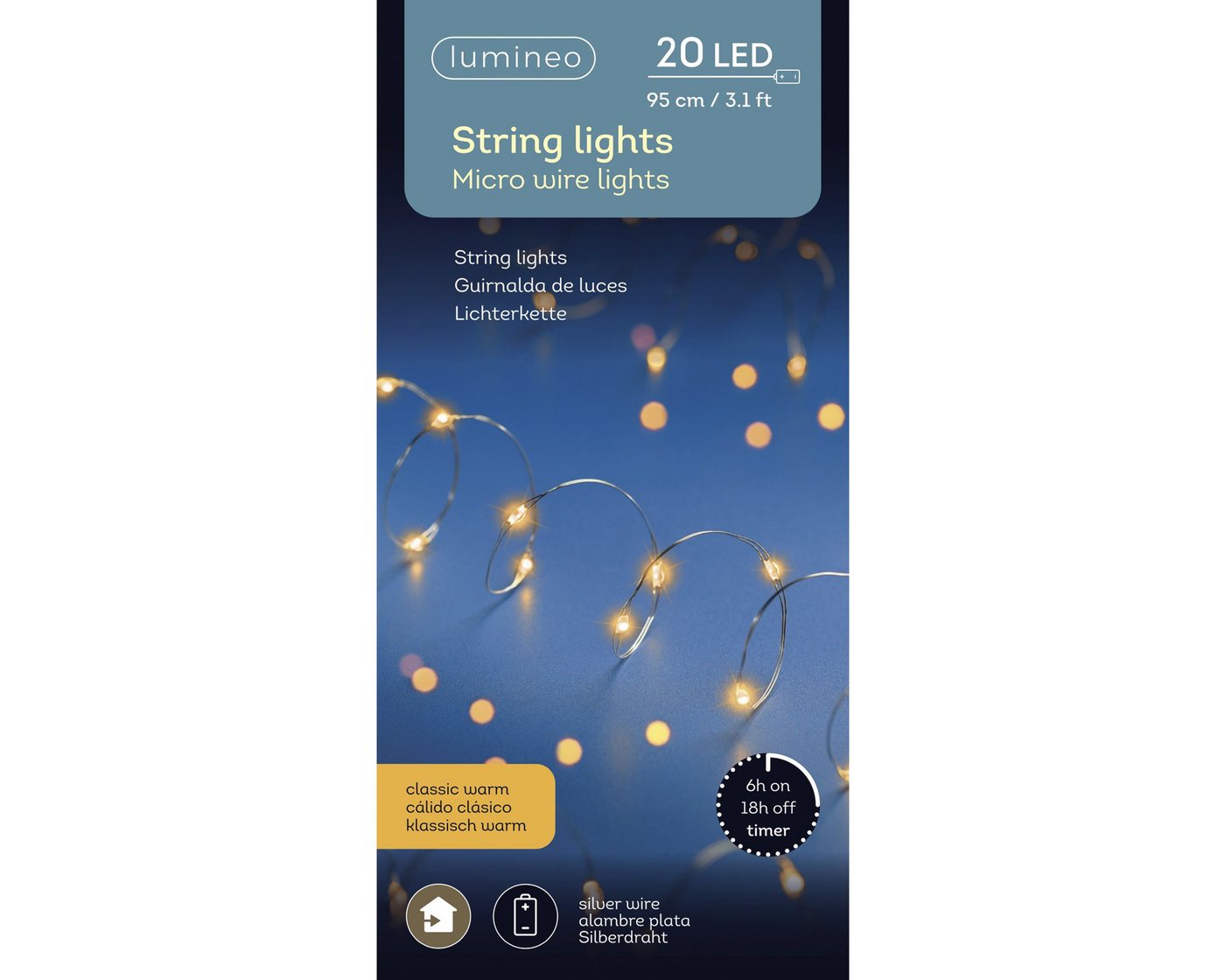 Lumineo LED-Lichterkette, LED Draht Lichterkette 95cm Batterie 20 Micro-LEDs Klassisch Warm