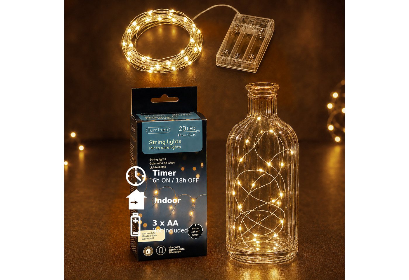 Lumineo LED-Lichterkette, LED Draht Lichterkette 95cm Batterie 20 Micro-LEDs Klassisch Warm Bild 2