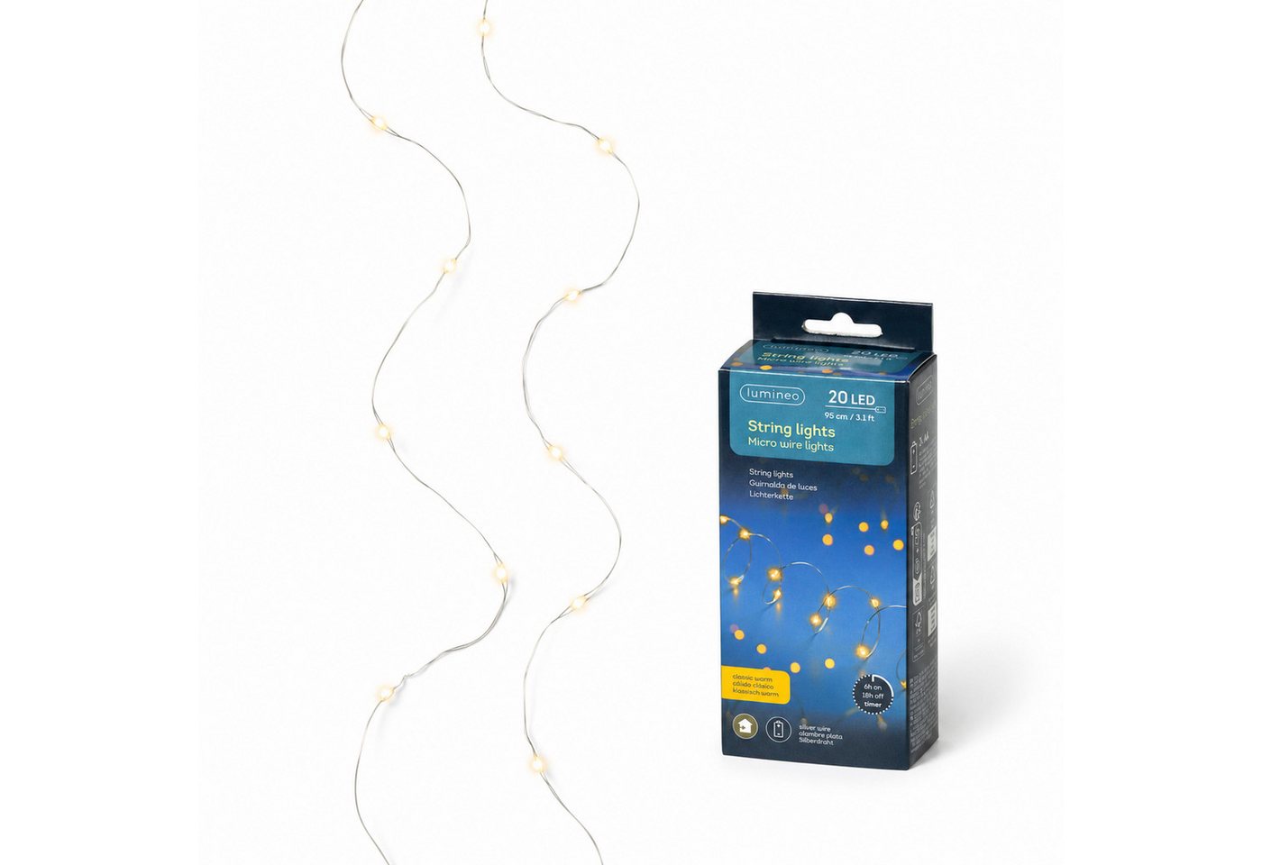 Lumineo LED-Lichterkette, LED Draht Lichterkette 95cm Batterie 20 Micro-LEDs Klassisch Warm Bild 4