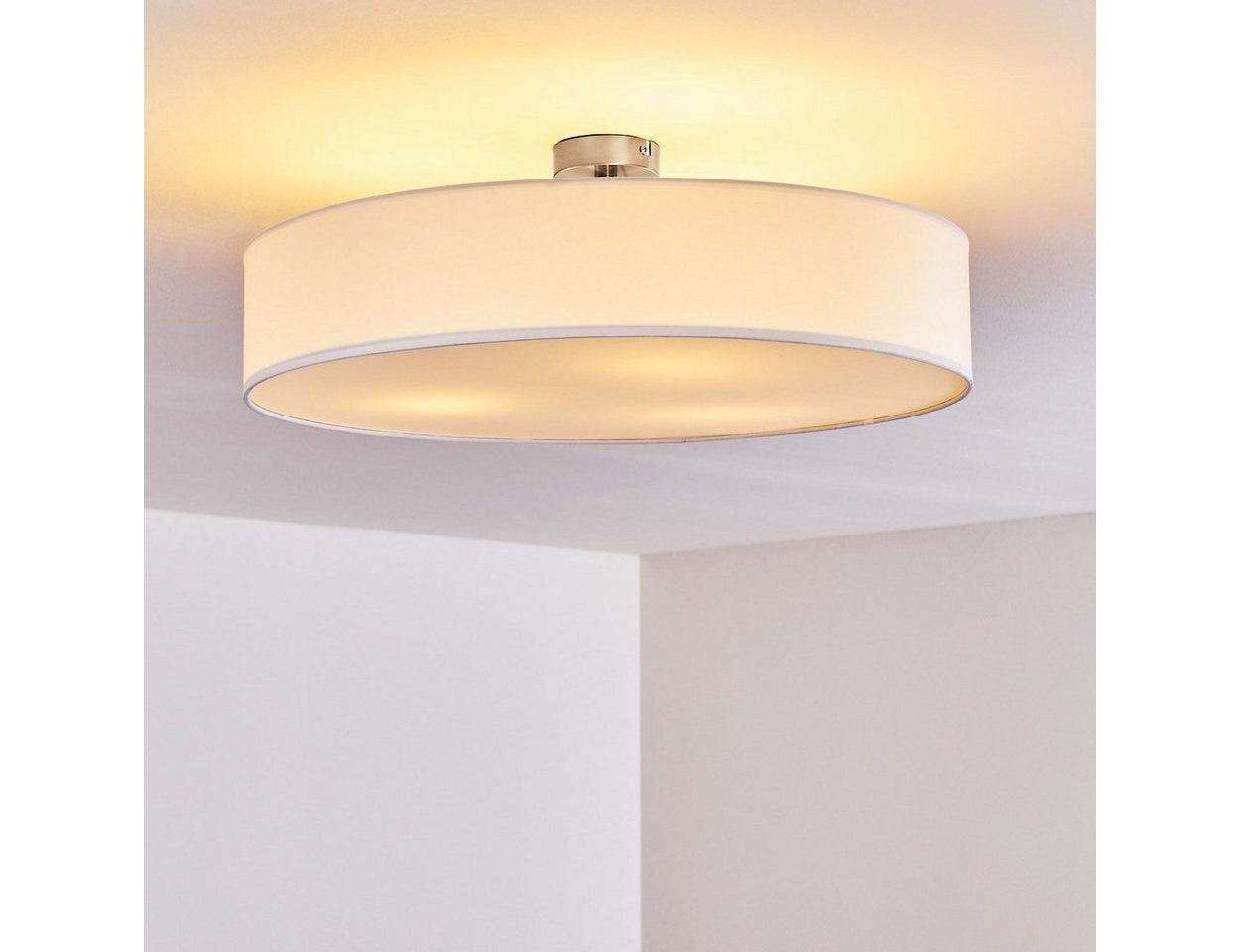 hofstein Deckenleuchte »Mels« runde Deckenlampe mit Lampenschirm aus Stoff in Weiß, ohne Leuchtmittel, Ø60cm, LED-fähig, 3xE27, 40 Watt, Retro-Design