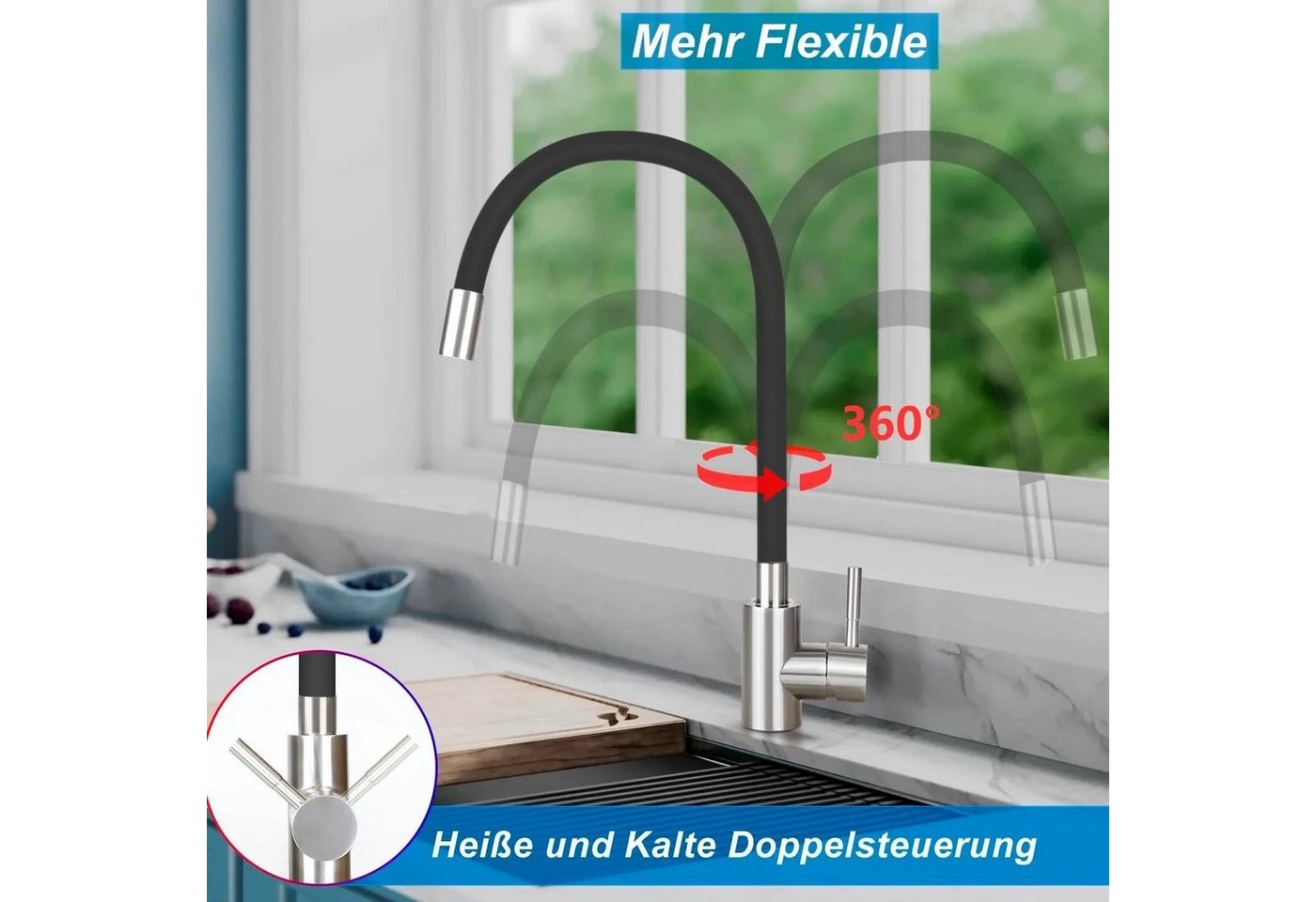 Nettlife Küchenarmatur Hochdruck Wasserhahn Küche Flexibler Edelstahl Spültischarmatur (Mischbatterie) 360° Schwenkbar Bild 3
