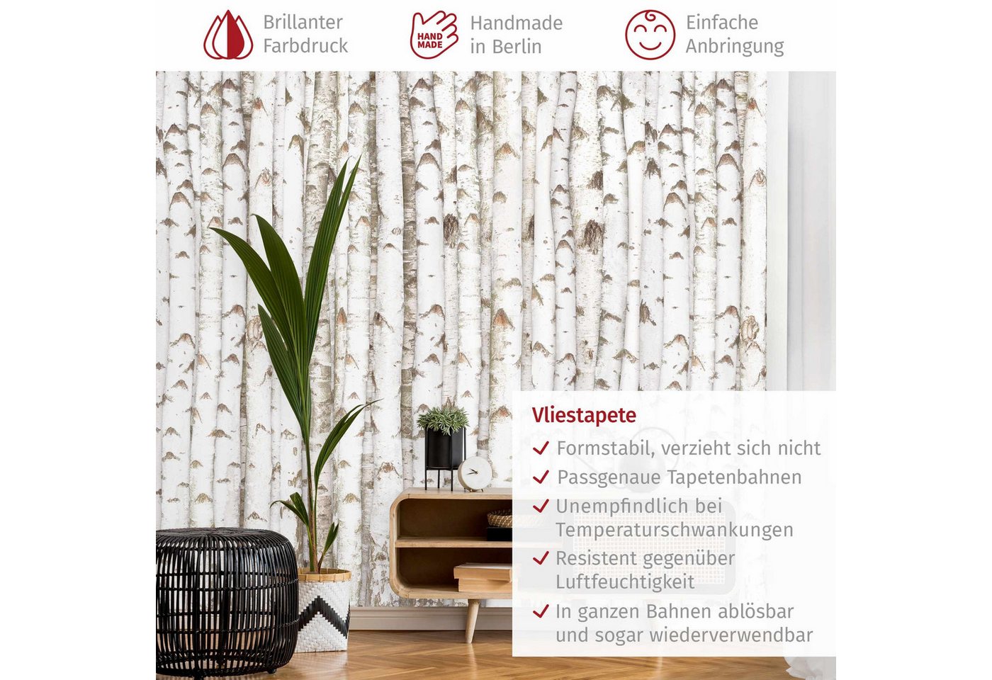 Bilderdepot24 Vliestapete Holzoptik Birkenwand Bäume Wald 3D-Effekt Stamm Muster Wanddeko, Glatt, Matt, (Vliestapete inkl. Kleister oder selbstklebend), Wohnzimmer Schlafzimmer Küche Flur Fototapete Motivtapete Wandtapete Bild 3