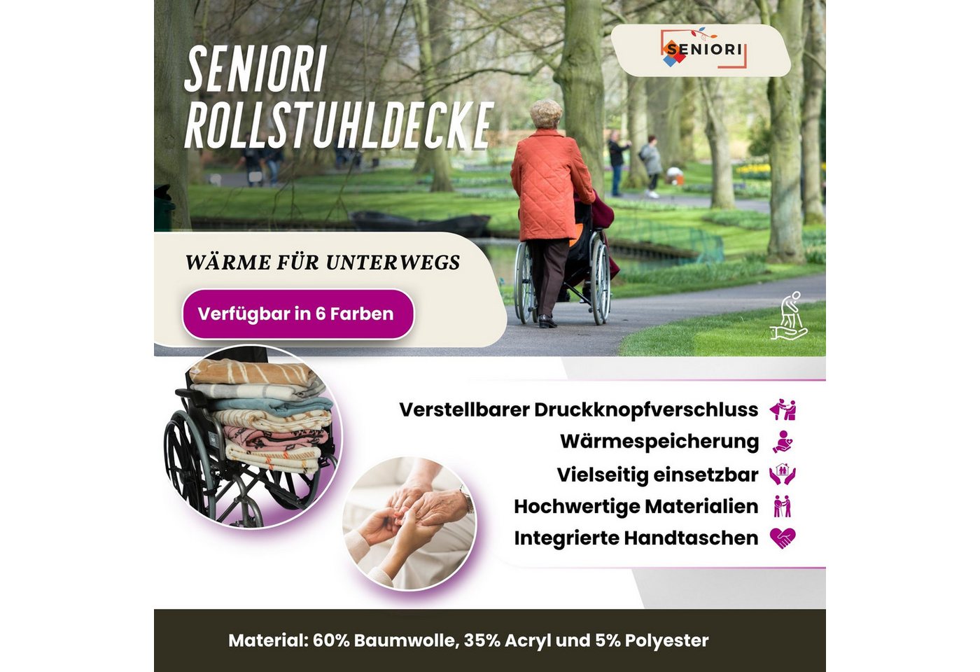 Outdoordecke Rollstuhldecke DECKE für ROLLSTUHL Beindecke Rollstuhlfahrer Kniedecke, Seniori, 2. Rosa - Pusteblume Bild 3