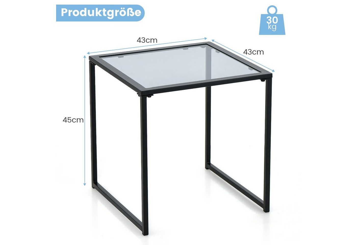 KOMFOTTEU Gartentisch Beistelltisch, aus gehärtetem Glas & Metall