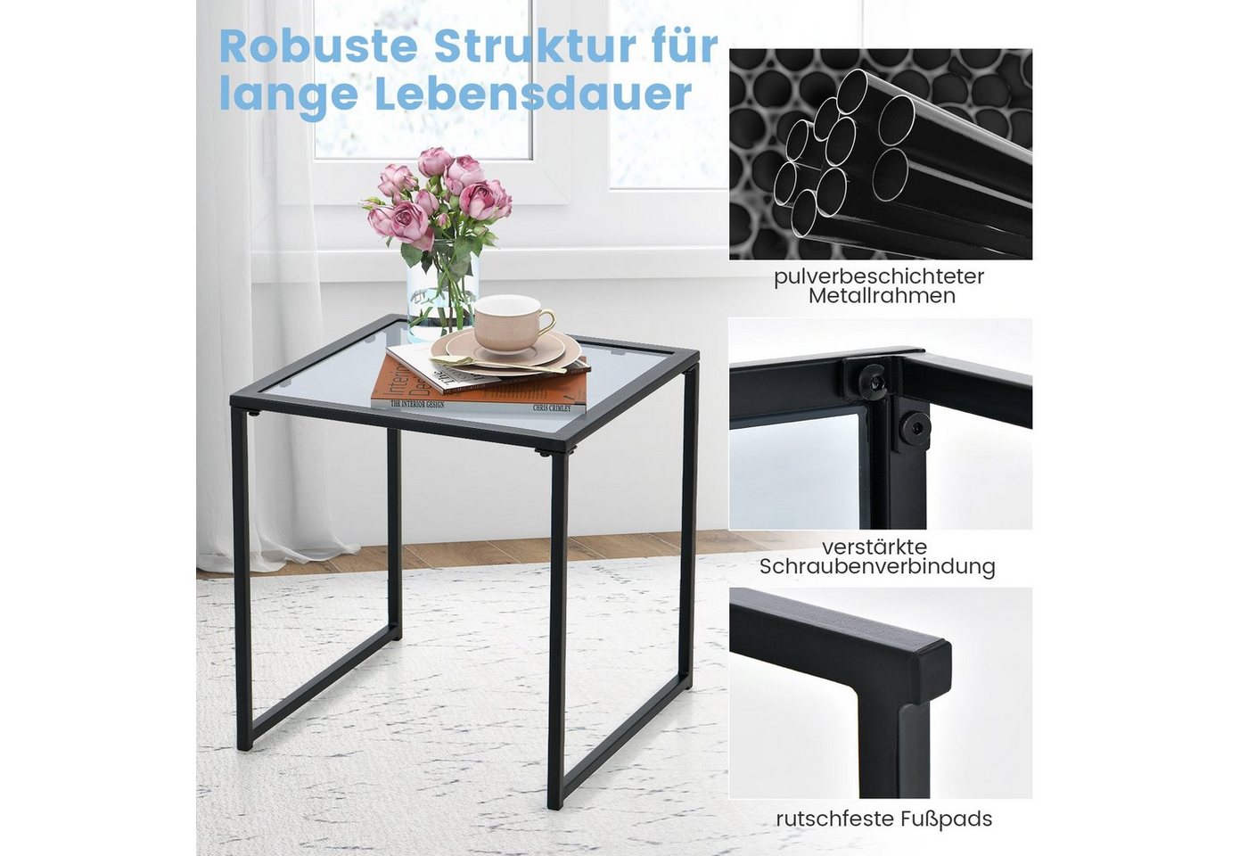 KOMFOTTEU Gartentisch Beistelltisch, aus gehärtetem Glas & Metall Bild 5