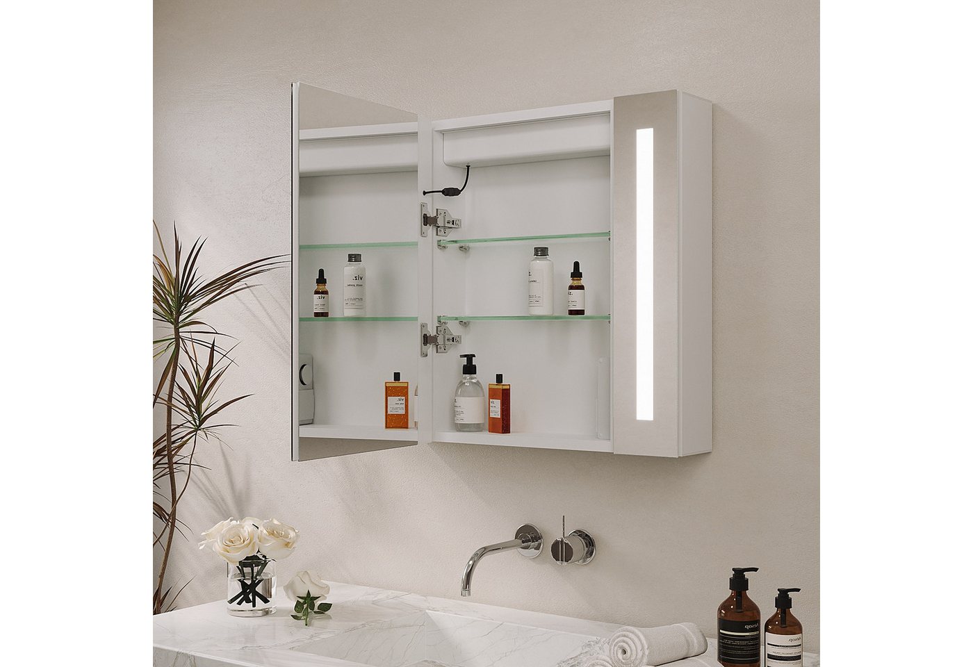 AQUABATOS Badezimmerspiegelschrank mit Led Spiegelschrank Bad mit Steckdose und Beleuchtung breit 60 80cm (65 x 60 cm Badschrank mit Spiegel Wandschrank Badezimmer Badmöbel, Aluminiumlegierung, Doppelseitige Glasspiegel,Kaltweiß, Infrarot Sensor (IR) Beschlagfrei, 2 Türen,Soft-Close-Funktion