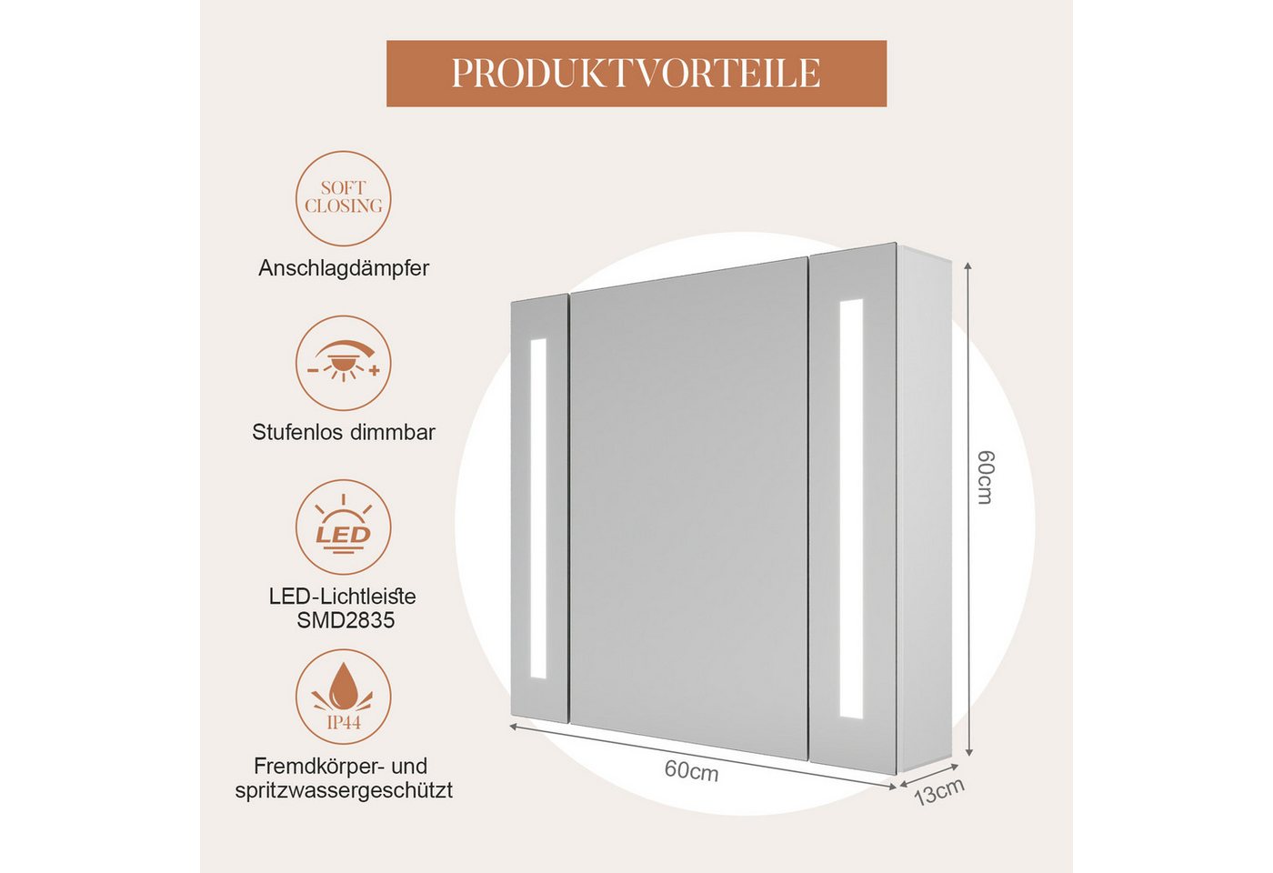AQUABATOS Badezimmerspiegelschrank mit Led Spiegelschrank Bad mit Steckdose und Beleuchtung breit 60 80cm (65 x 60 cm Badschrank mit Spiegel Wandschrank Badezimmer Badmöbel, Aluminiumlegierung, Doppelseitige Glasspiegel,Kaltweiß, Infrarot Sensor (IR) Beschlagfrei, 2 Türen,Soft-Close-Funktion Bild 3