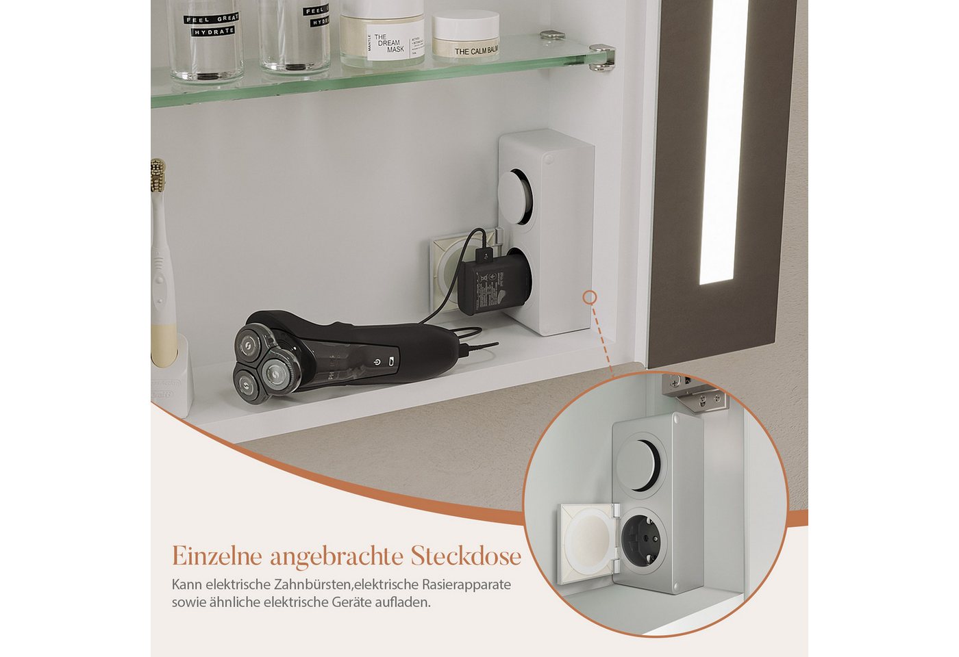 AQUABATOS Badezimmerspiegelschrank mit Led Spiegelschrank Bad mit Steckdose und Beleuchtung breit 60 80cm (65 x 60 cm Badschrank mit Spiegel Wandschrank Badezimmer Badmöbel, Aluminiumlegierung, Doppelseitige Glasspiegel,Kaltweiß, Infrarot Sensor (IR) Beschlagfrei, 2 Türen,Soft-Close-Funktion Bild 4
