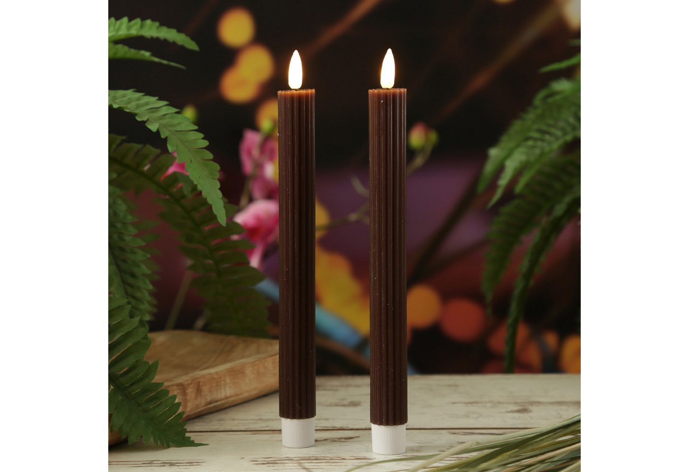 MARELIDA LED-Kerze LED Stabkerzen gerillt Tafelkerzen Dinner Spitzkerzen 25cm braun 2St., LED Classic, warmweiß (2100K bis 3000K)