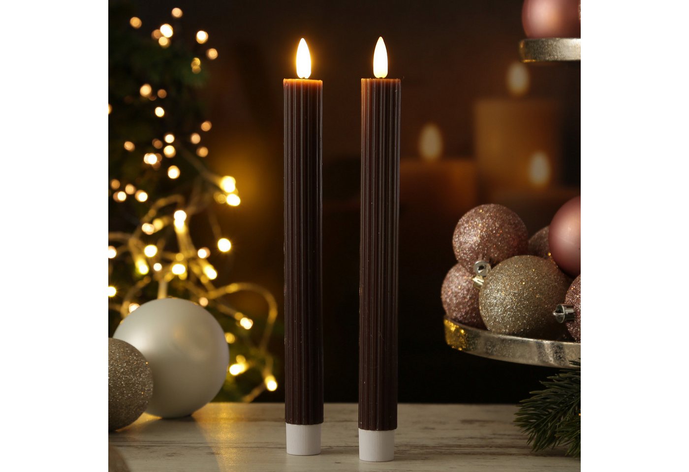 MARELIDA LED-Kerze LED Stabkerzen gerillt Tafelkerzen Dinner Spitzkerzen 25cm braun 2St., LED Classic, warmweiß (2100K bis 3000K) Bild 2