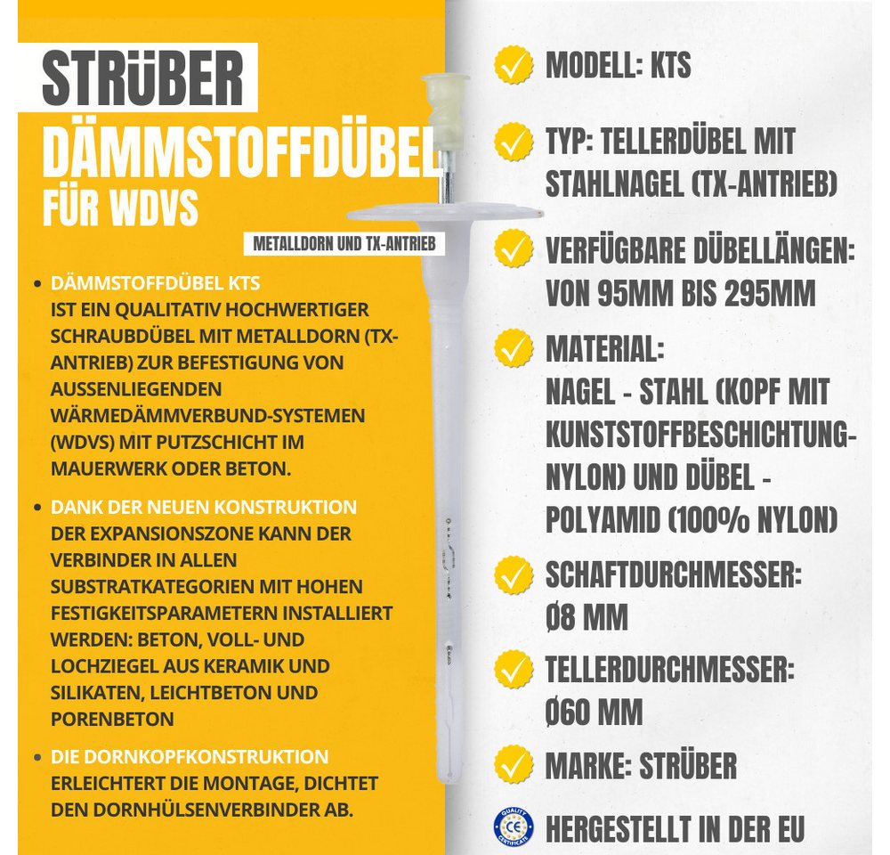STRÜBER Schrauben- und Dübel-Set Dämmstoffdübel für WDVS - Schraubdübel mit Metalldorn und TX-Antrieb, WDVS, Dämmstoffdübel, Tellerdübel, Dübel, Schraubdübel, Metalldorn Bild 2