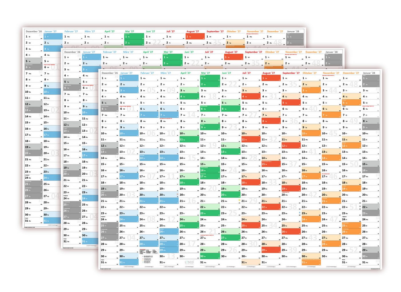 LYSCO Wandkalender Rainbow Premium Classic2 Wandplaner 2027 (gerollt), erhältlich in den Formaten DIN A2, DIN A1 und DIN A0, Rainbow Kalender Terminkalender Bürokalender Jahreskalender