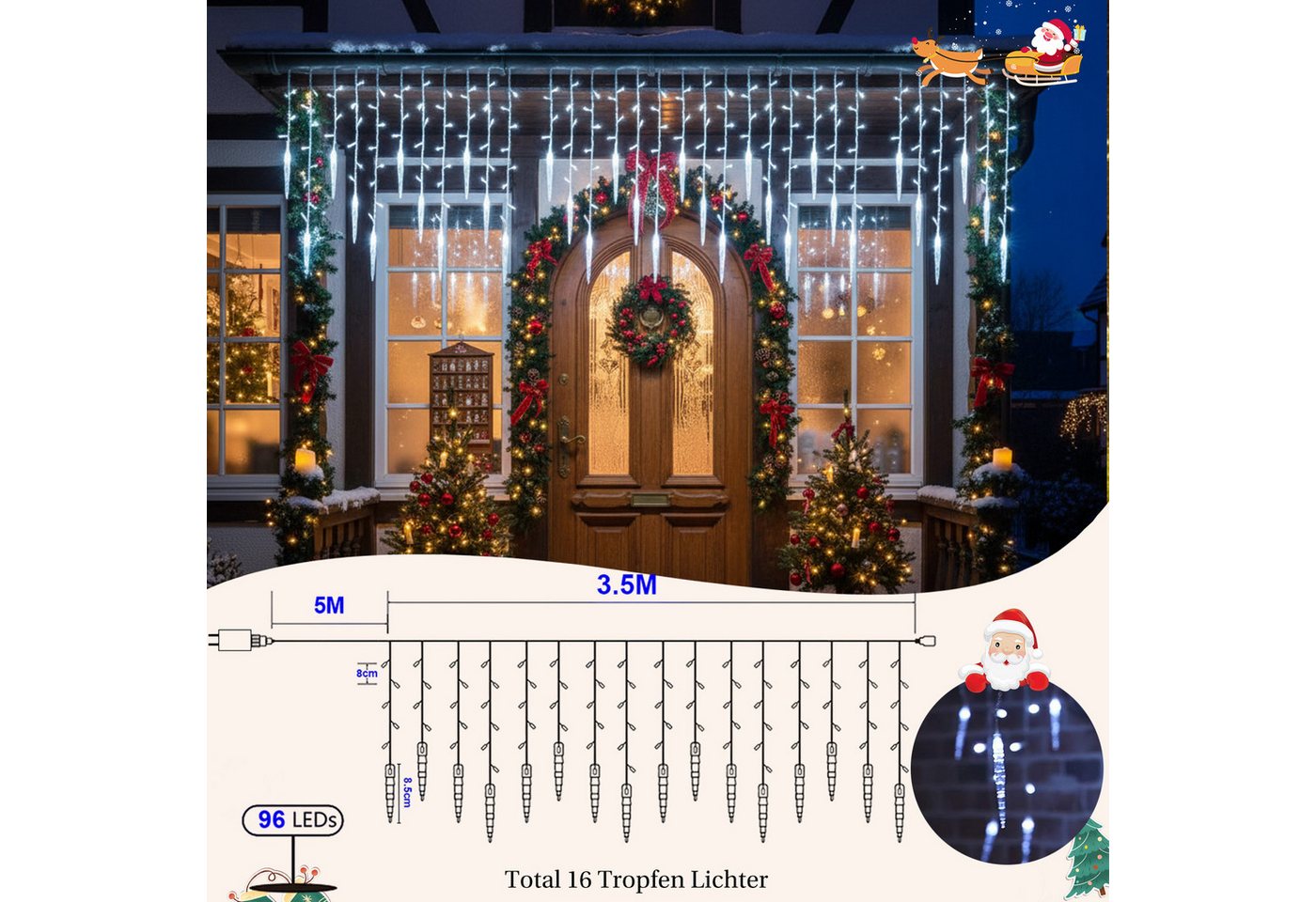 SERBASIC Lichtervorhang LED Eisregen Lichterkette Außen, Timer, 8 Modi, Anschließbar, 31V, Lichtervorhang für Weihnachten Dachkante Dachrinne Terrasse Bild 2