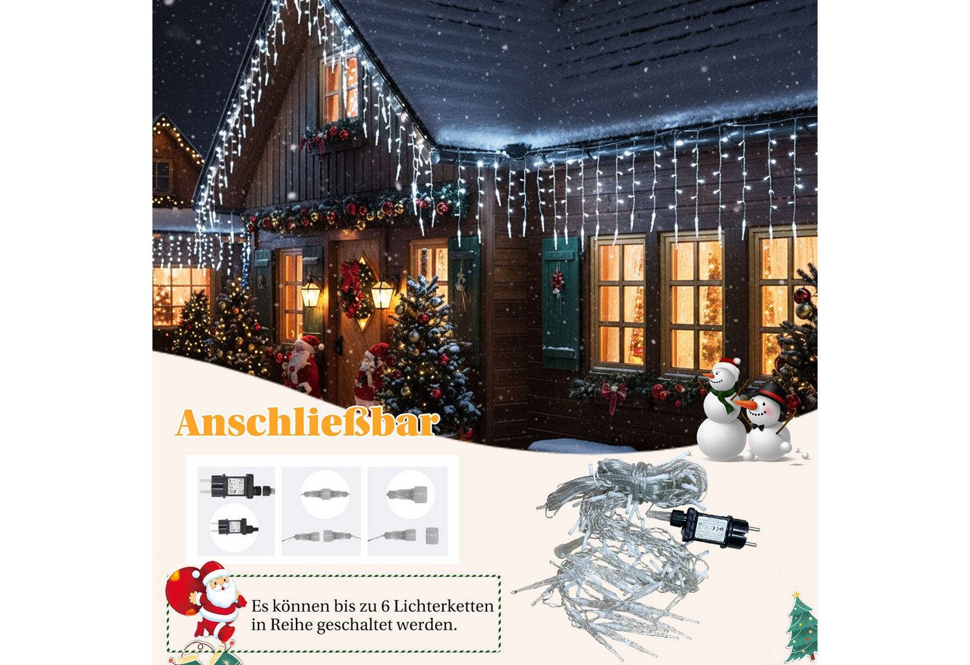 SERBASIC Lichtervorhang LED Eisregen Lichterkette Außen, Timer, 8 Modi, Anschließbar, 31V, Lichtervorhang für Weihnachten Dachkante Dachrinne Terrasse Bild 3