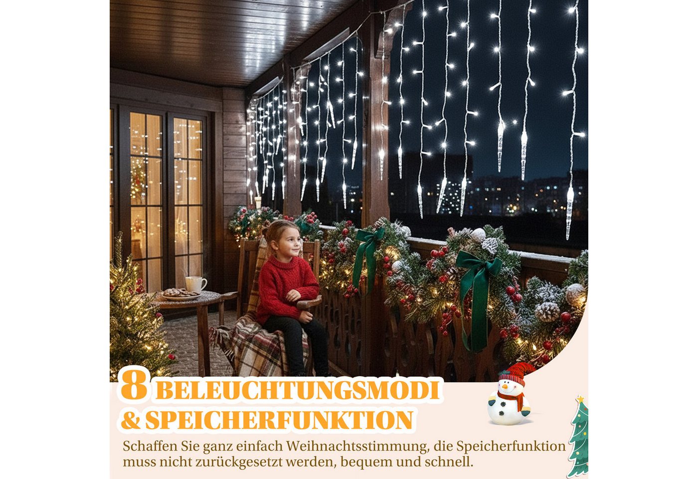 SERBASIC Lichtervorhang LED Eisregen Lichterkette Außen, Timer, 8 Modi, Anschließbar, 31V, Lichtervorhang für Weihnachten Dachkante Dachrinne Terrasse Bild 4