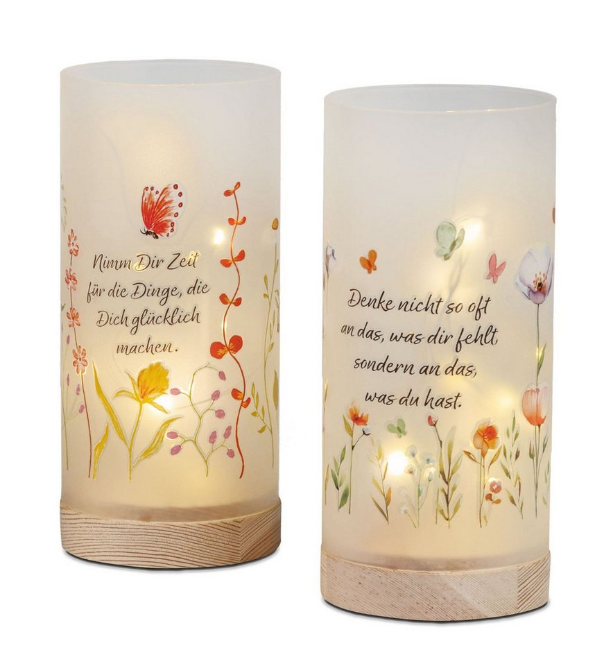 formano LED Dekolicht LED Deko Licht Glas 2er Set Leuchtdeko Zylinder mit Spruch & Timer, LED fest integriert