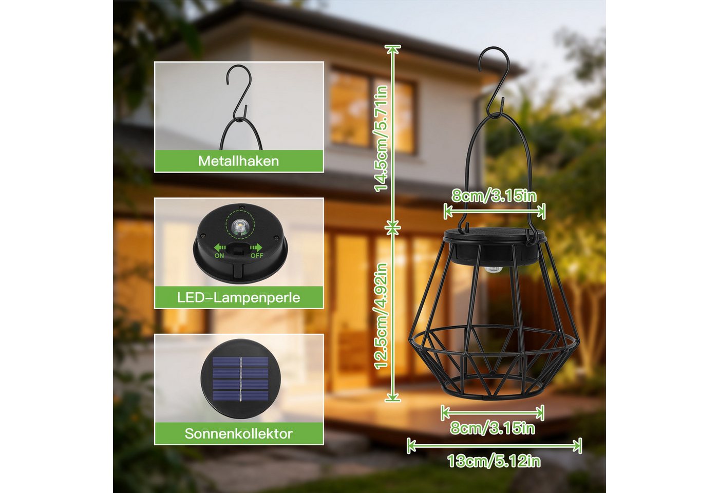 Kimjo LED Solarleuchte Hängende IP65 Solar-Außenlaternen für Balkon Terrasse, LED Lampenperlen, Warmweiß, Solarbetrieben, IP65 wetterfest, hängend & stehend nutzbar