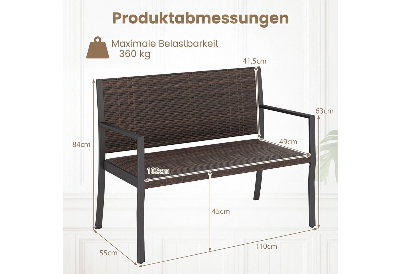 COSTWAY Gartenbank, wetterfest, Polyrattan Sitzbank mit gepolsterter Sitz 360kg Bild 5