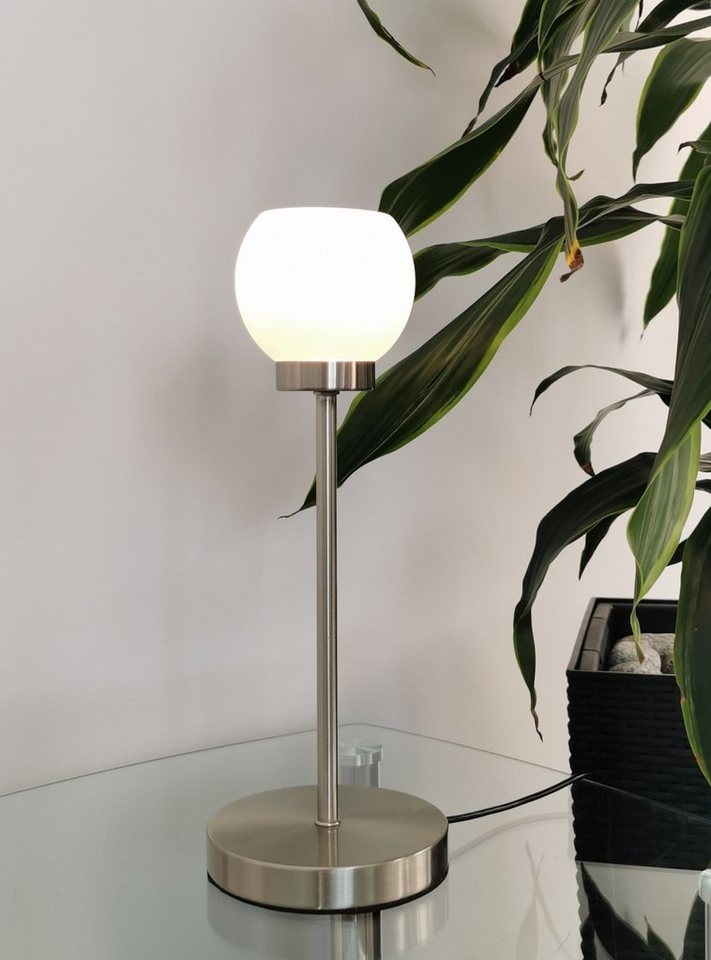 TRANGO LED Tischleuchte, 2018-06 LED Schreibtischlampe in Nickel matt mit satinierte Glasschirm Serie *EARTH * Tischlampe, Nachttischlampe, Fensterbankleuchte, inkl. 1x 4.5 Watt LED Modul Leuchtmittel 3000K warmweiß Bild 5