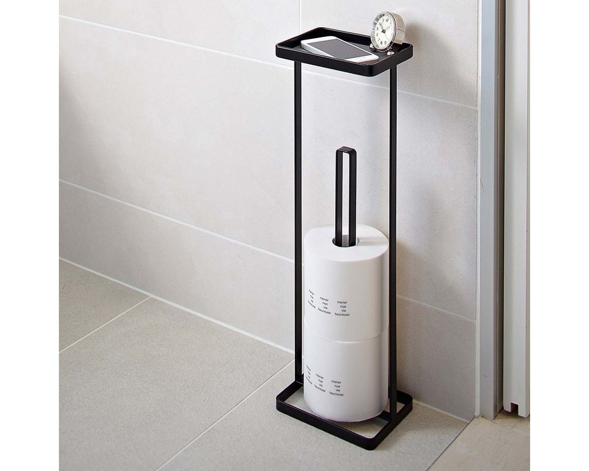 Yamazaki Toiletten-Ersatzrollenhalter Tower Toilettenpapierständer Toilettenpapierhalter mit Ablage, Ablagefläche für Handy, Uhr, Schlüssel, freistehend, Metallgestell Bild 3