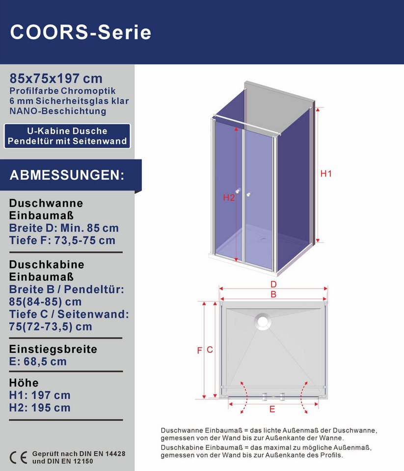 AQUABATOS Eckdusche Duschkabine Eckeinstieg U Kabine Eckdusche Pendeltür Schwingtür, BxT: 85x75 cm, 6 mm Einscheibensicherheitsglas mit Nanobeschichtung, barrierefrei einbaubar,Hebe-Senk-Mechanismus,Sicherheitsglas Bild 2
