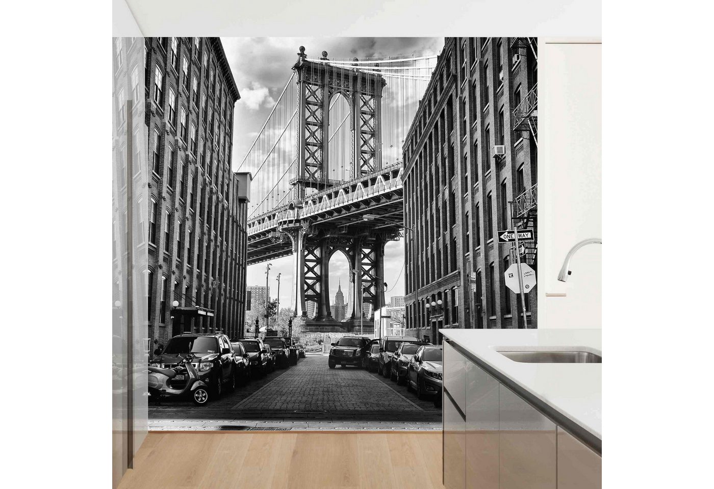 Bilderdepot24 Fototapete New York Manhattan Bridge Amerika Stadt Skyline Industrial Wanddeko, Glatt, Matt, (Vliestapete inkl. Kleister oder selbstklebend), Wohnzimmer Schlafzimmer Küche Flur Motivtapete Vliestapete Wandtapete