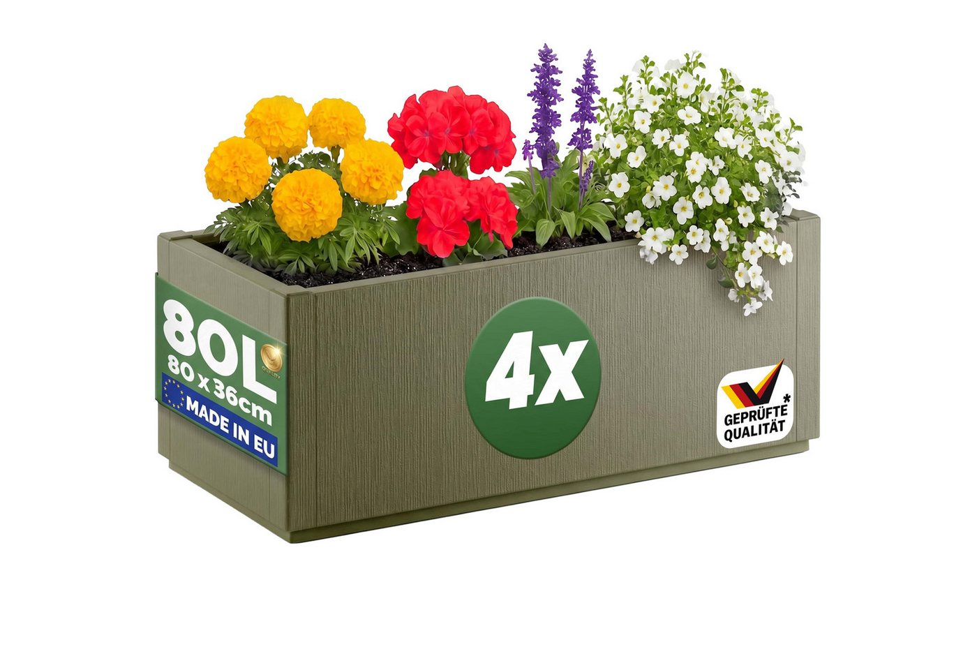 Casaria Blumenkasten Ethica, 4x 80L 80x36x36cm Ethica Pflanzkübel Winterfest Übertopf Olivgrün
