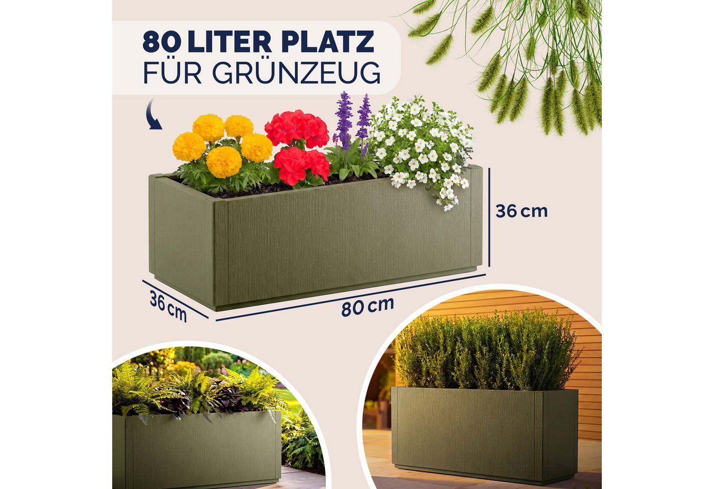 Casaria Blumenkasten Ethica, 4x 80L 80x36x36cm Ethica Pflanzkübel Winterfest Übertopf Olivgrün Bild 3
