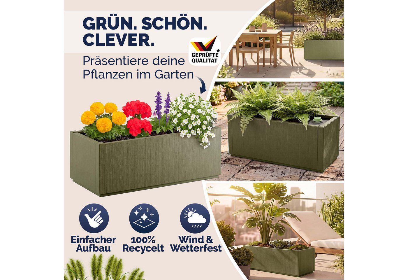 Casaria Blumenkasten Ethica, 4x 80L 80x36x36cm Ethica Pflanzkübel Winterfest Übertopf Olivgrün Bild 4