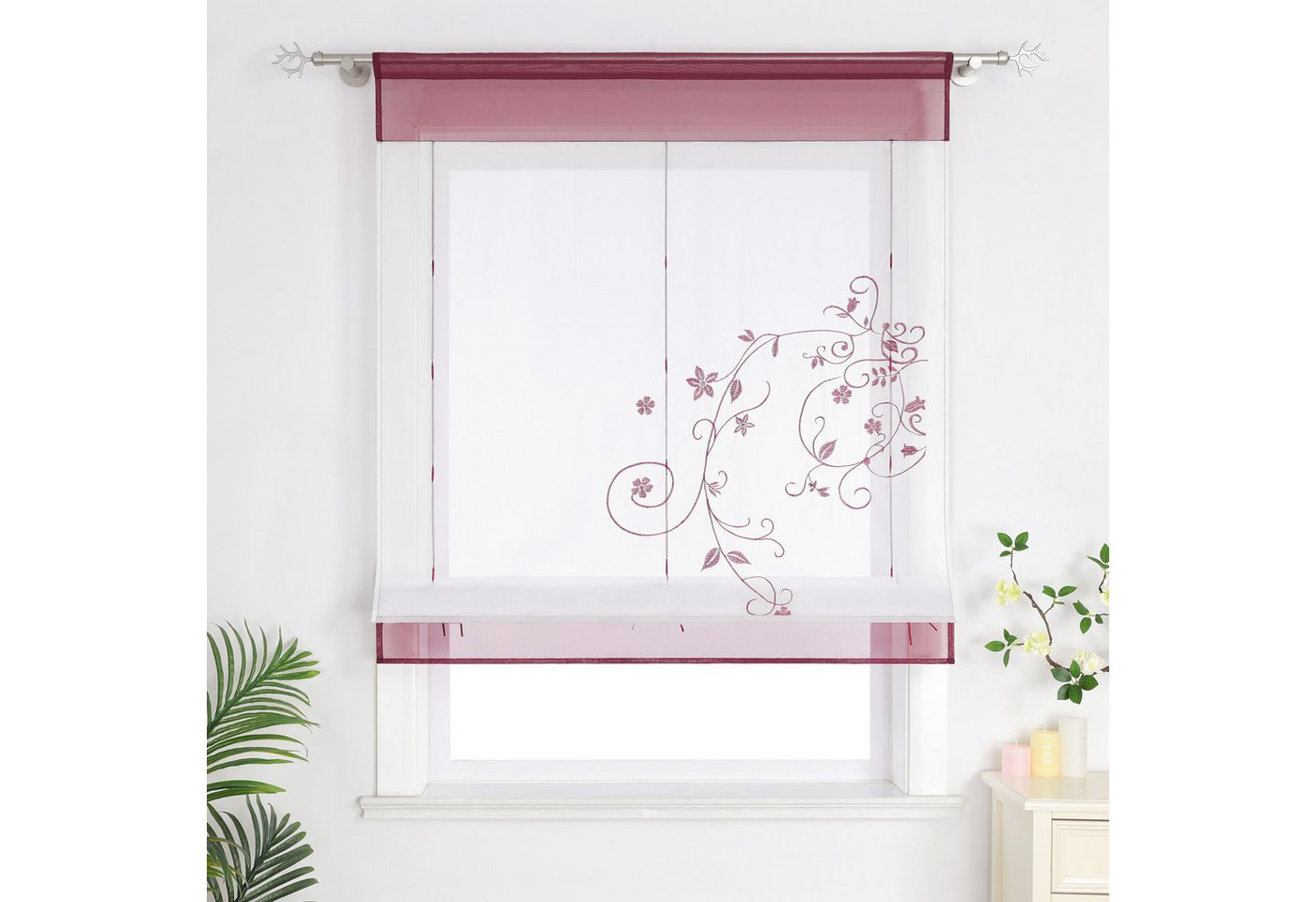 Joyswahl Raffrollo mit Blumenmotiv, Fensterrollo wählbar in Rot & Grau, mit Stangendurchzug, Voile Raffgardinen mit Blumen-Stickerei Tunnelzug, Küche