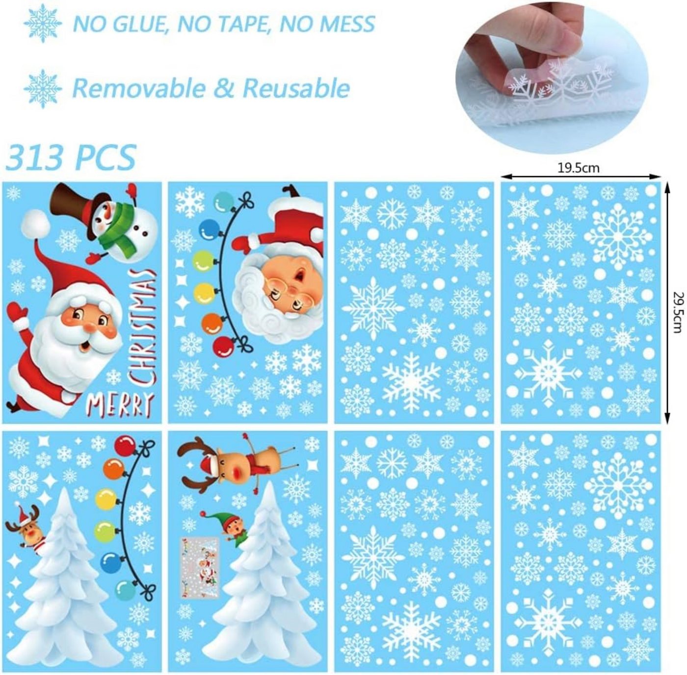 LA CUTE Fenstersticker 313tlg Fensterbilder Weihnachten Schneeflocken Sticker Set, Matt, 313tlg Weihnachts Fensterbilder wiederverwendbar PVC Set