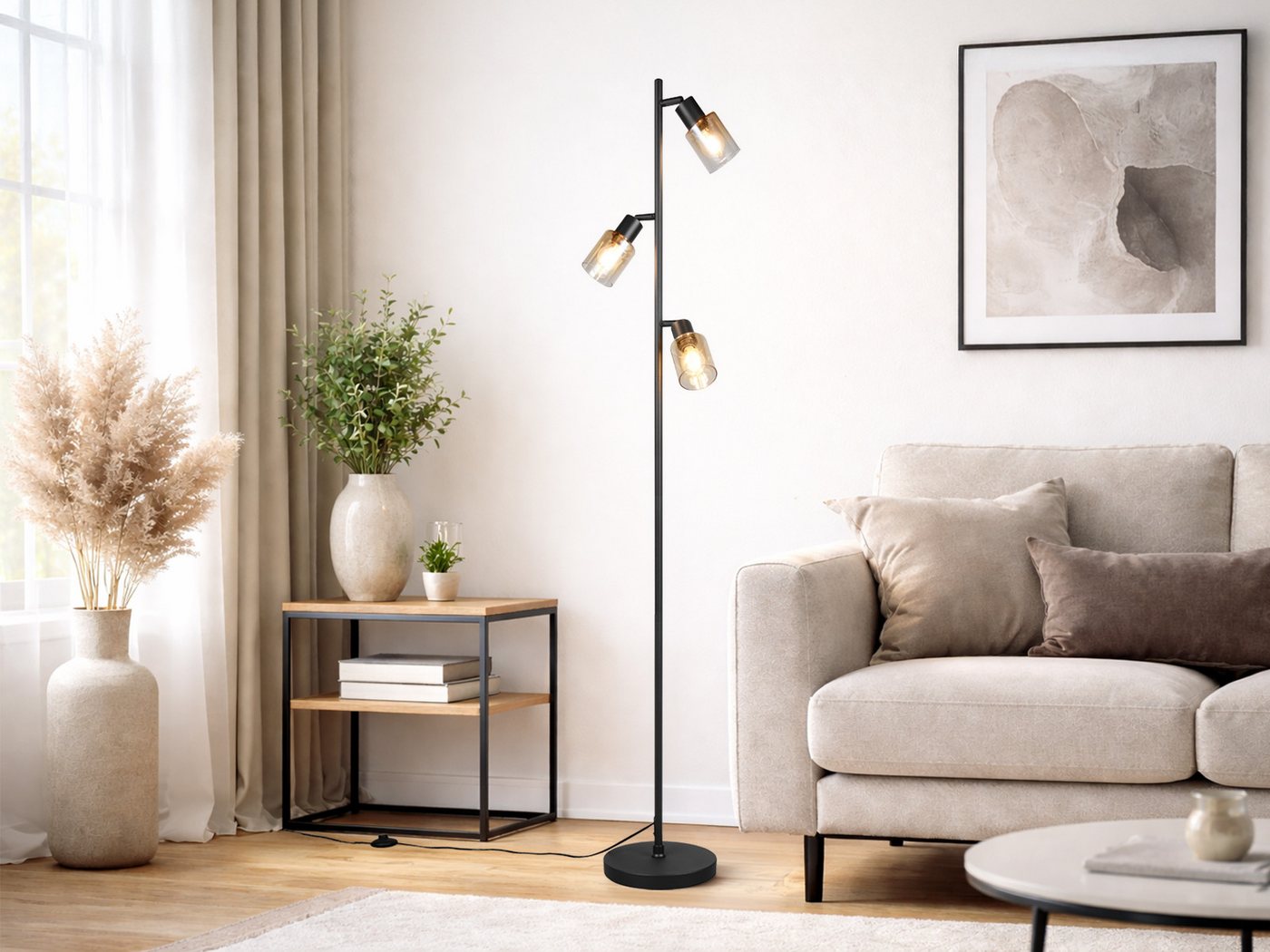 Reality Leuchten LED Stehlampe mit 3 schwenkbaren Glas Spots Höhe 154cm, Dimmfunktion, LED wechselbar, Warmweiß, Wohnzimmer Stehleuchte mit Strahlern Amberfarbig inkl. Leuchtmitteln