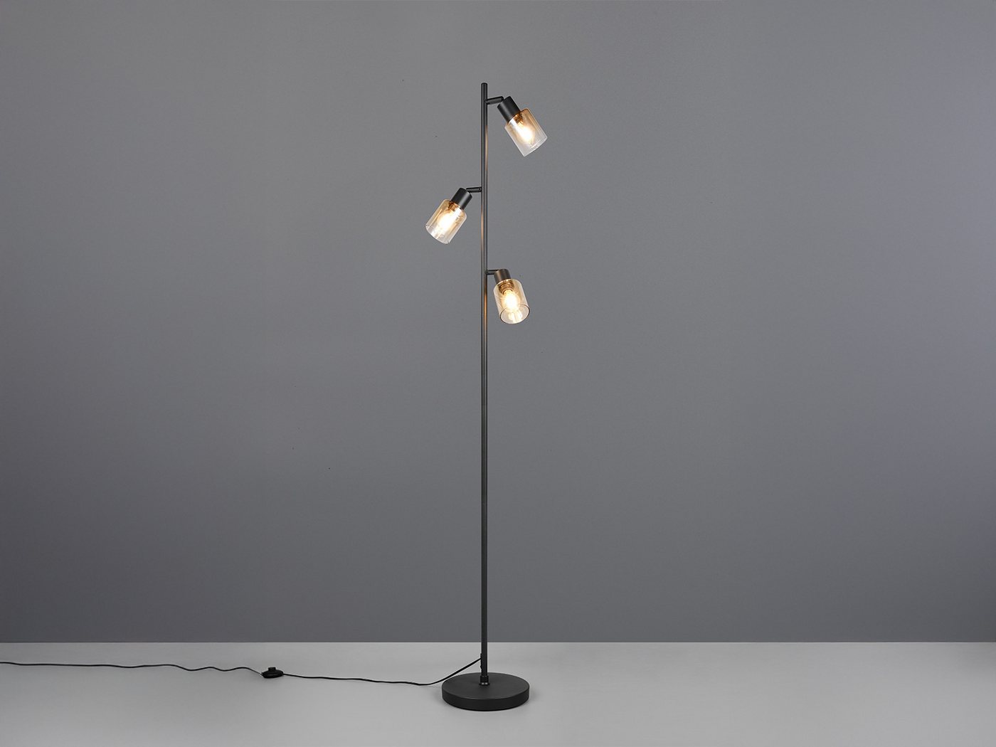 Reality Leuchten LED Stehlampe mit 3 schwenkbaren Glas Spots Höhe 154cm, Dimmfunktion, LED wechselbar, Warmweiß, Wohnzimmer Stehleuchte mit Strahlern Amberfarbig inkl. Leuchtmitteln Bild 2
