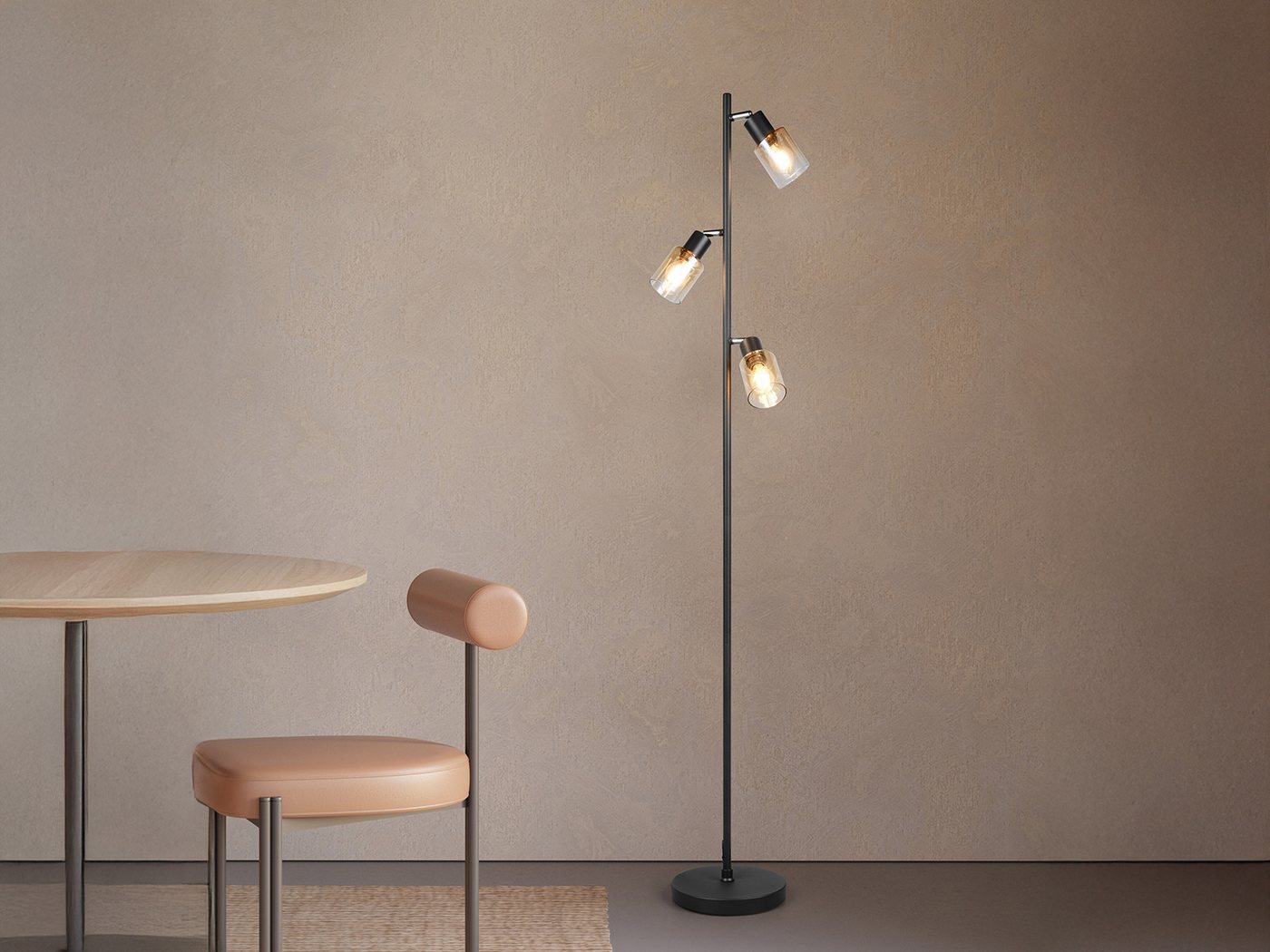 Reality Leuchten LED Stehlampe mit 3 schwenkbaren Glas Spots Höhe 154cm, Dimmfunktion, LED wechselbar, Warmweiß, Wohnzimmer Stehleuchte mit Strahlern Amberfarbig inkl. Leuchtmitteln Bild 4