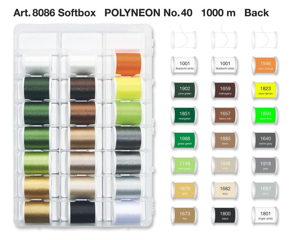Madeira - Garnkoffer Polyneon No.40/ 40 Farben / 1000 m + 2 Bobbinfil Stickgarn