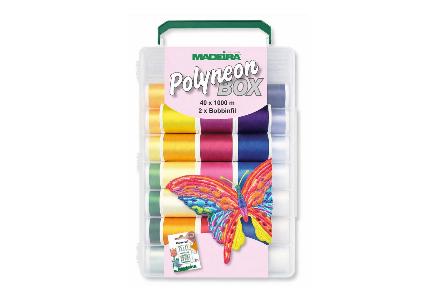 Madeira - Garnkoffer Polyneon No.40/ 40 Farben / 1000 m + 2 Bobbinfil Stickgarn Bild 2