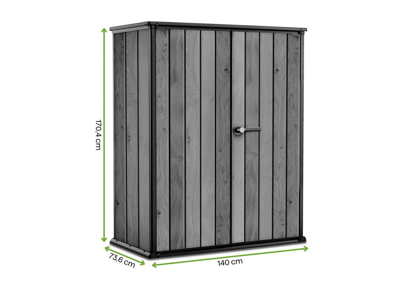 Focus Garden Garten-Geräteschrank "Deco Vertical" 1400L Holzoptik wetterfest mit 2 Regalen, Abschließbar, L140cm x B73,6cm x H170,4cm