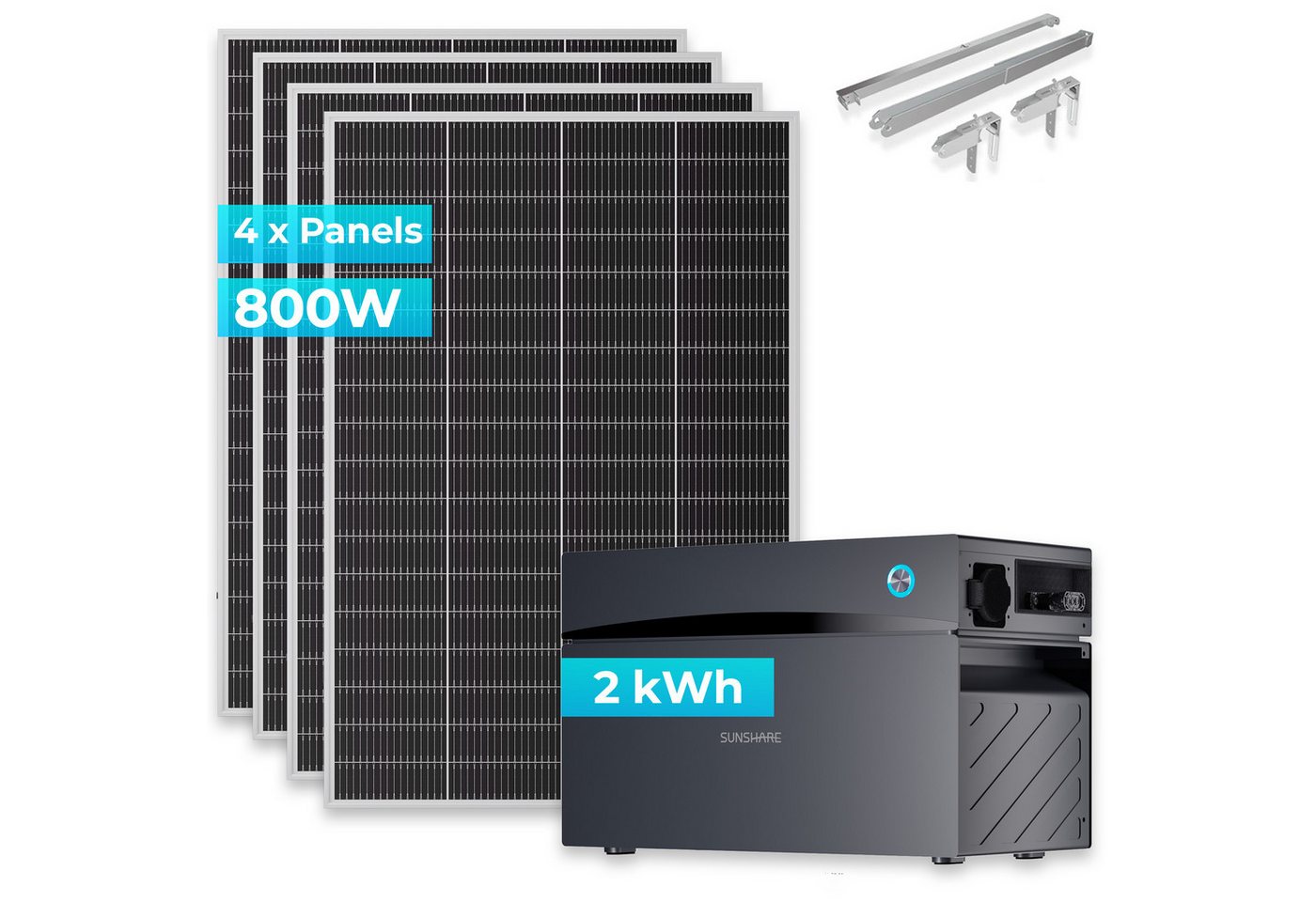 Sunshare Balkonkraftwerk Ray Lite 800W + Glory 2 kWh Speicher & Halterung, 200 W, Monokristallin N‑Typ TOPCon, (Komplettset, 4 Solarmodulen, 4 Universal-Balkonhalterungen, 1 Glory), Mit Smart-BMS, IP65-Schutz und App-Überwachung des Solarstroms. Bild 4