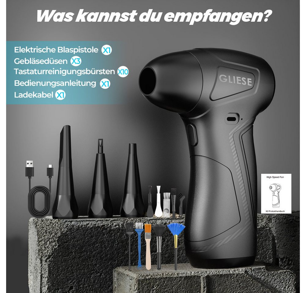Rhein Beleuchtung Akku-Gebläse Elektrischer Druckluftreiniger 100000 U/min mit 5000mAh Akku, (Set, 16 St., Für PC, Tastatur, Auto, Kamera & Elektronik mit 3 Düsen), Bürstenloser Motor, stufenlos regelbar, wiederaufladbar Bild 2