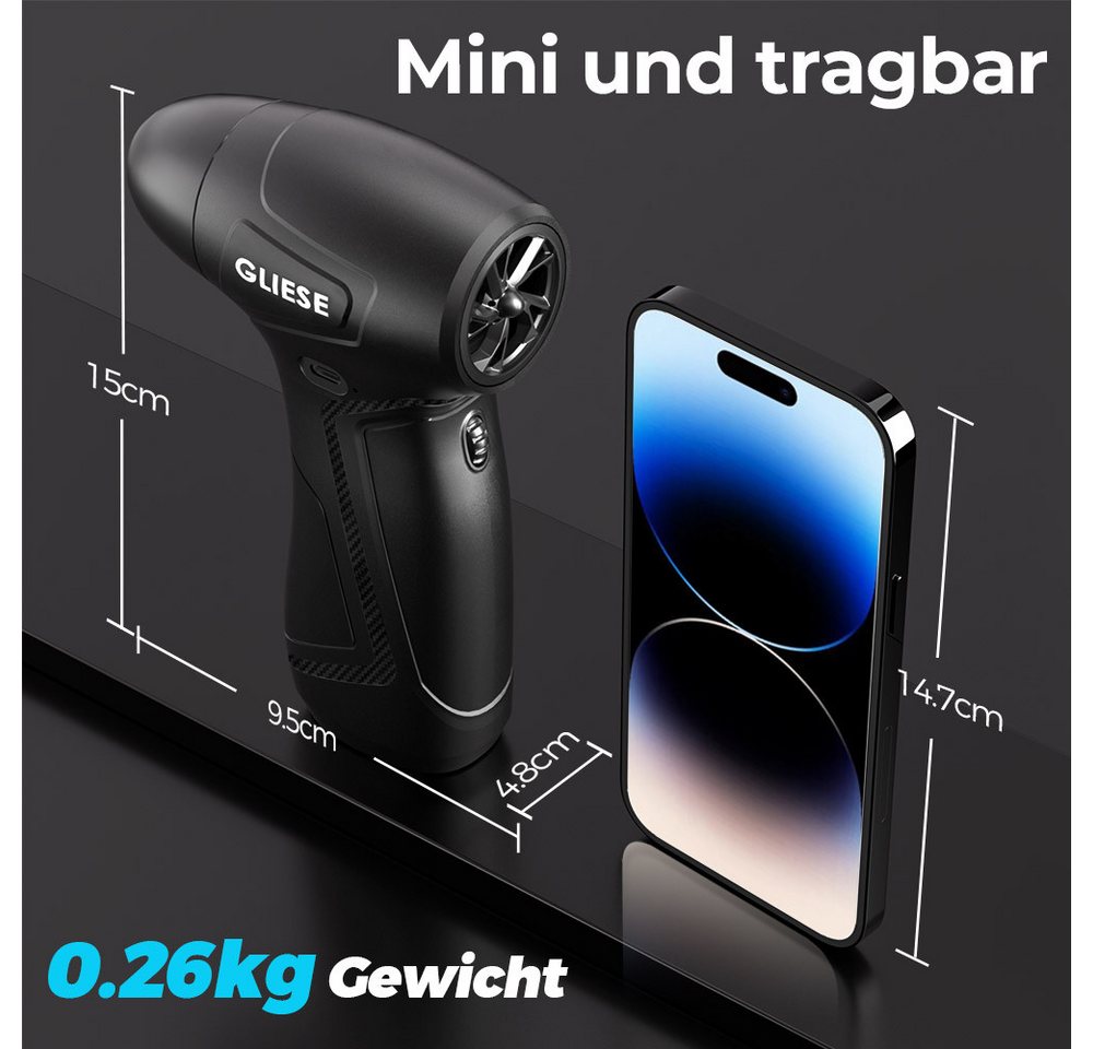 Rhein Beleuchtung Akku-Gebläse Elektrischer Druckluftreiniger 100000 U/min mit 5000mAh Akku, (Set, 16 St., Für PC, Tastatur, Auto, Kamera & Elektronik mit 3 Düsen), Bürstenloser Motor, stufenlos regelbar, wiederaufladbar Bild 3